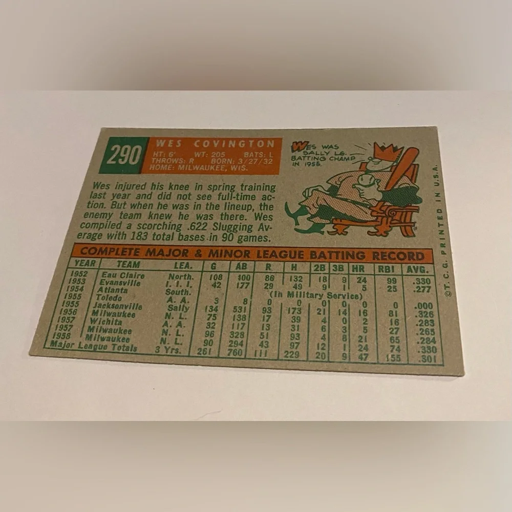 Wes Covington 1959 Topps Baseball Card # 290 Vintage Collectible